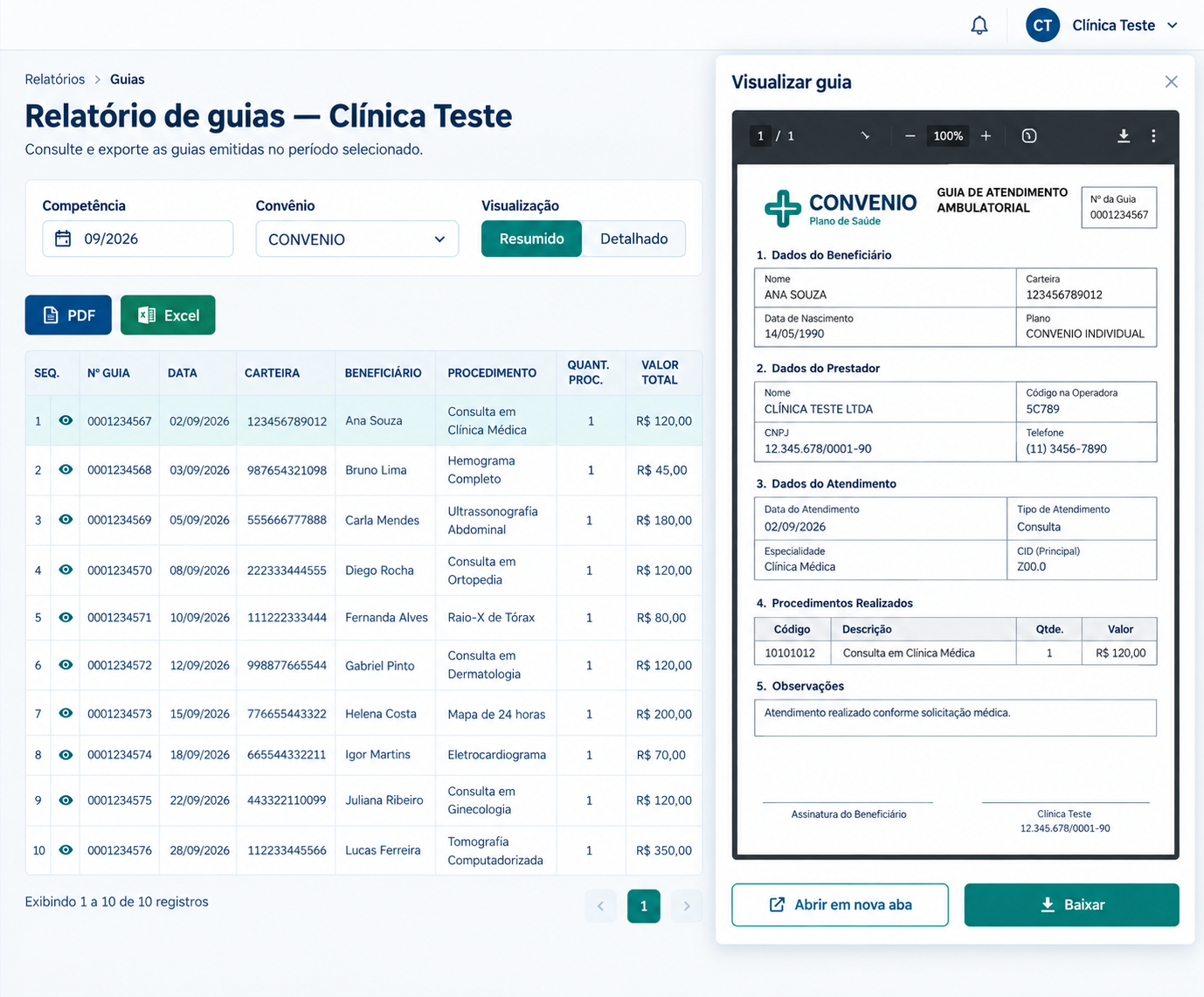 Relatório de guias da Clínica Teste com visualização da guia escaneada