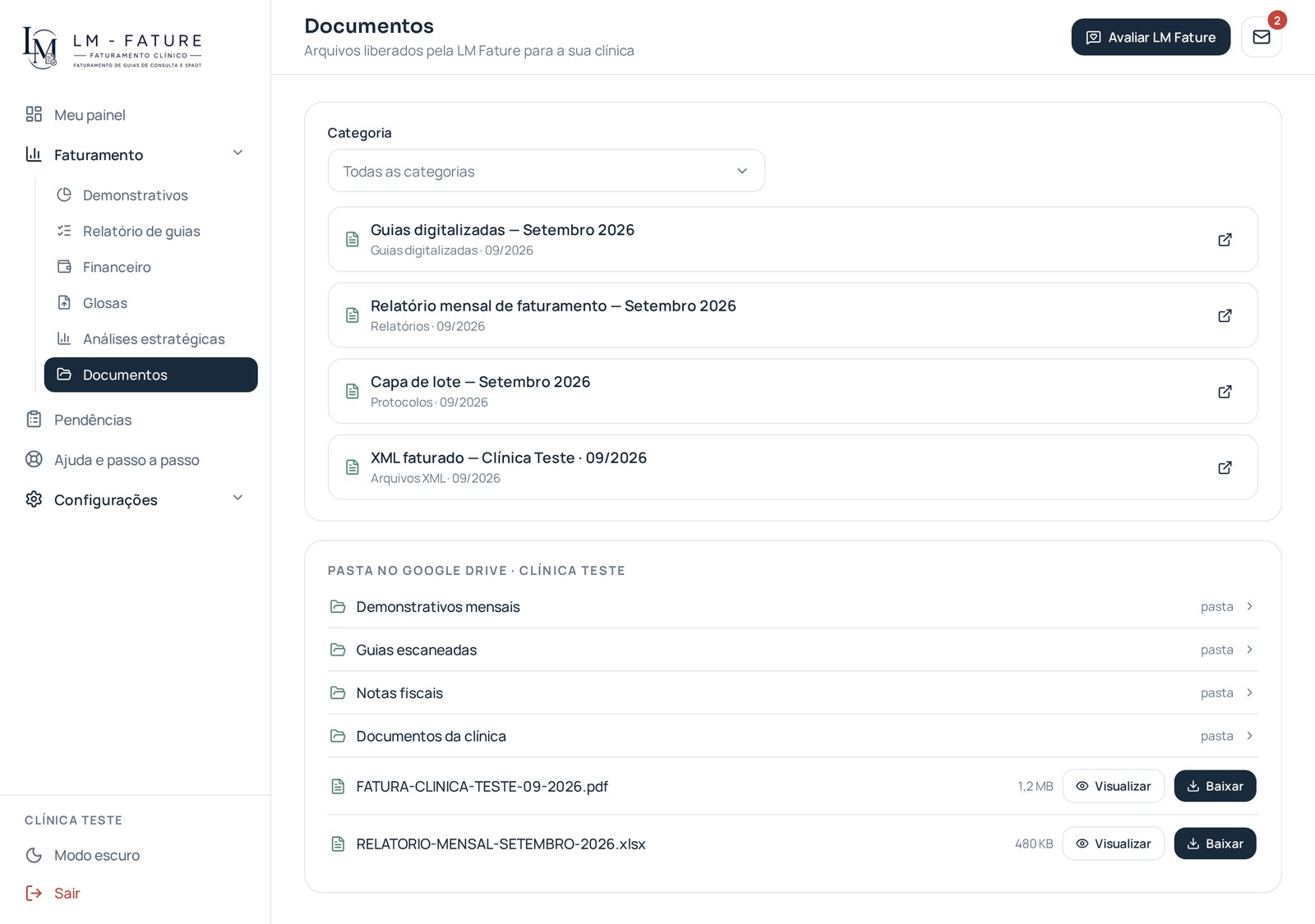 Tela de Documentos da Clínica Teste com arquivos liberados e pastas do Google Drive